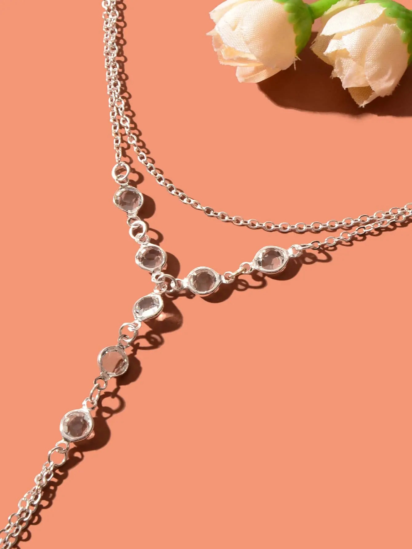 Transparent Rhinestone Double-Layer Chain Bracelet with Ring Connector Feelontop Jewellery