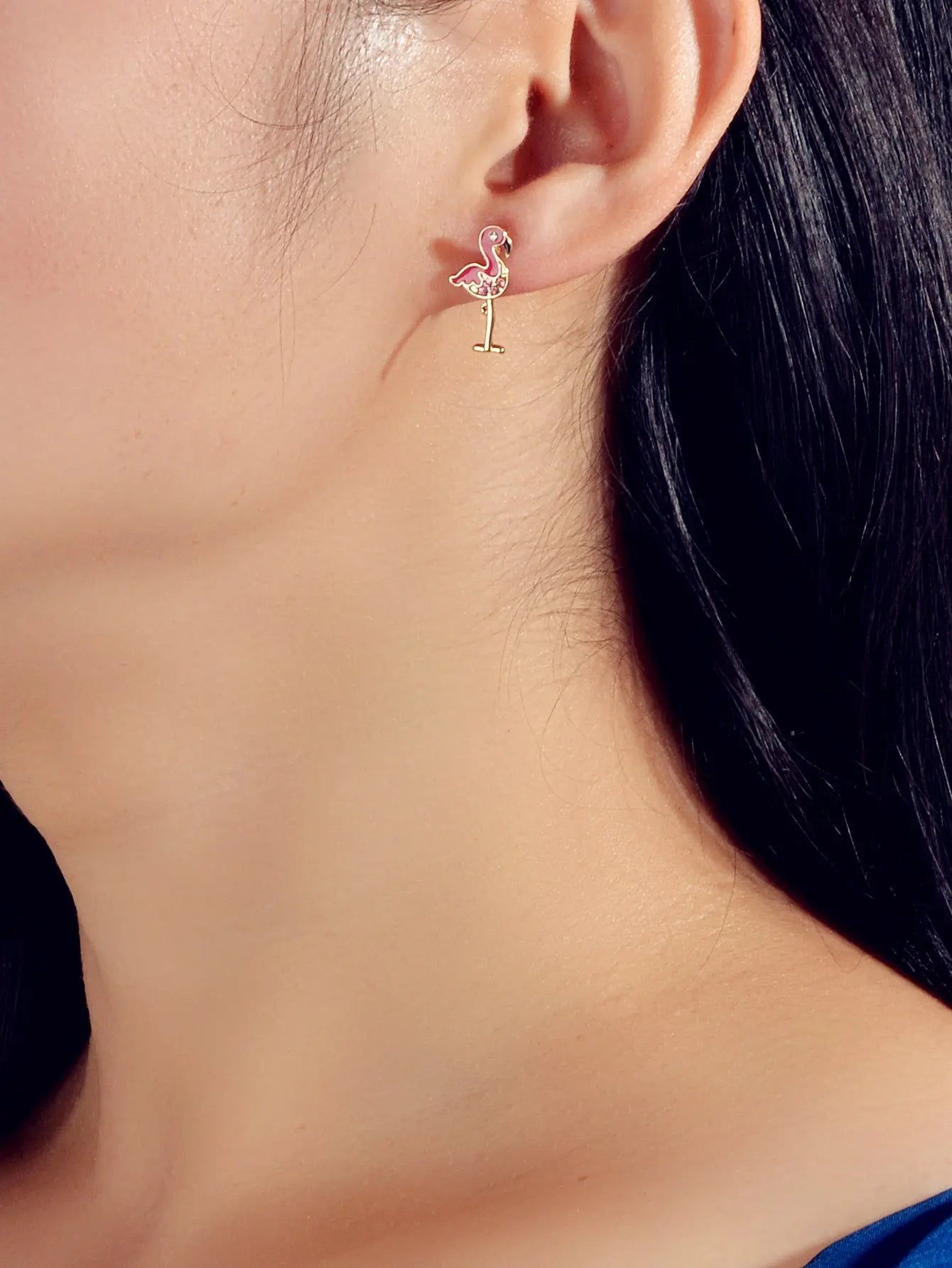 Pink Rhinestone Enamel Flamingo Bird Stud Earrings Sensitive Ears Dainty Gift Feelontop Jewellery