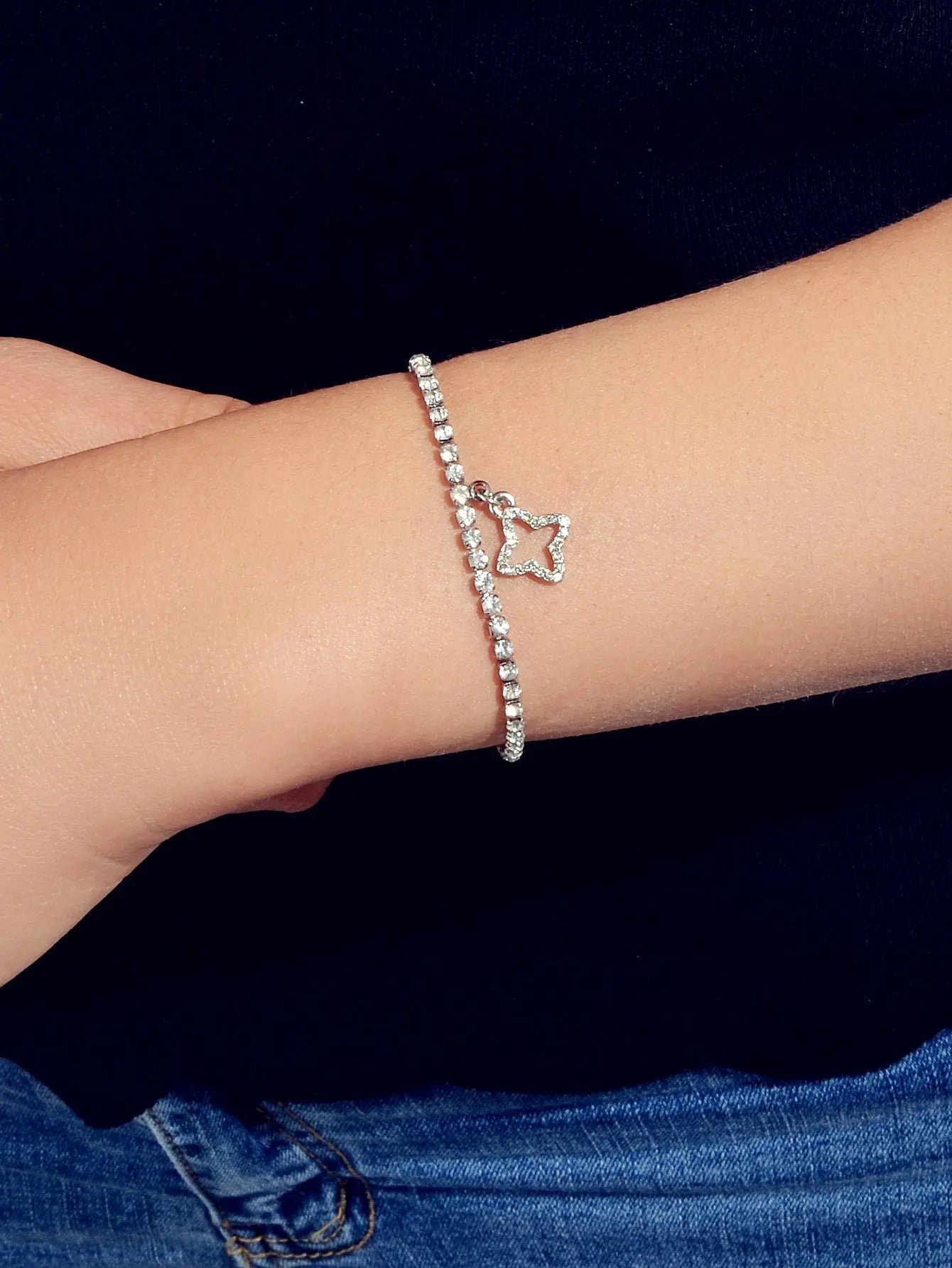 Luxury Full Rhinestone Shining Flower Charm Classic Tennis Adjustable Bracelet Feelontop Jewellery