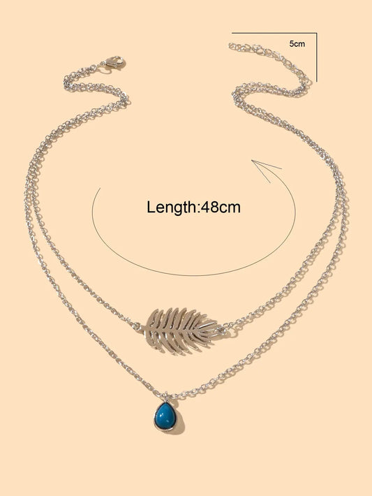 Trendy Double layer Silver Chain Leaf Charm Blue Bead Water Drop Charm Necklace Feelontop Jewellery