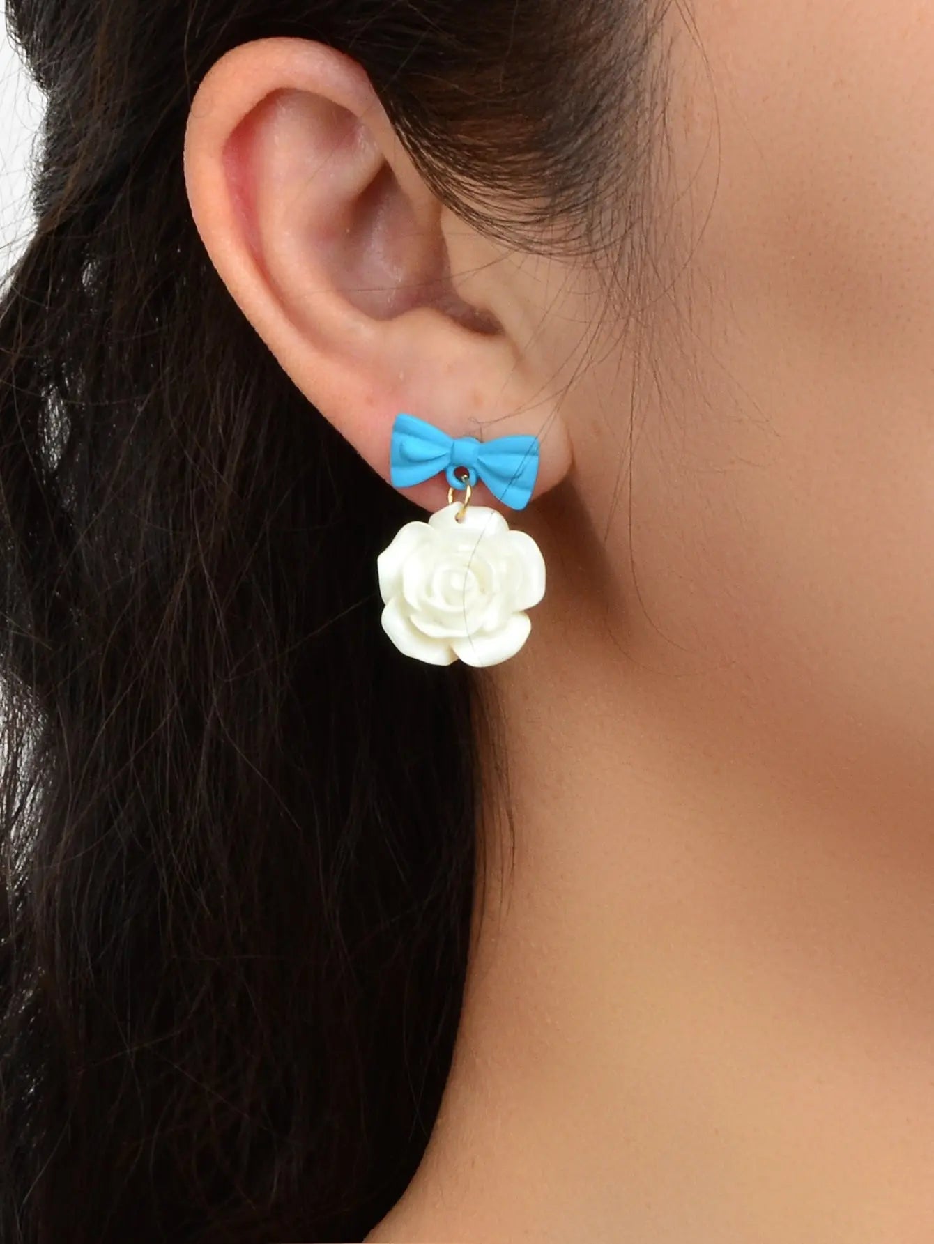 Elegant Jewellery Blue Bow Tie White Resin Flower Dangle Pierced Party Earrings Feelontop Jewellery