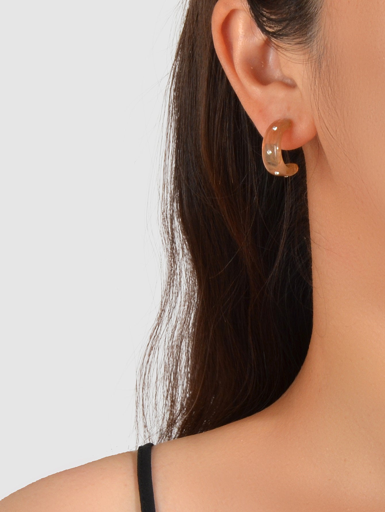 Boho Chic Rhinestone Brown Resin C shape Huggie Pierced Hoop Personality Earring Feelontop Jewellery