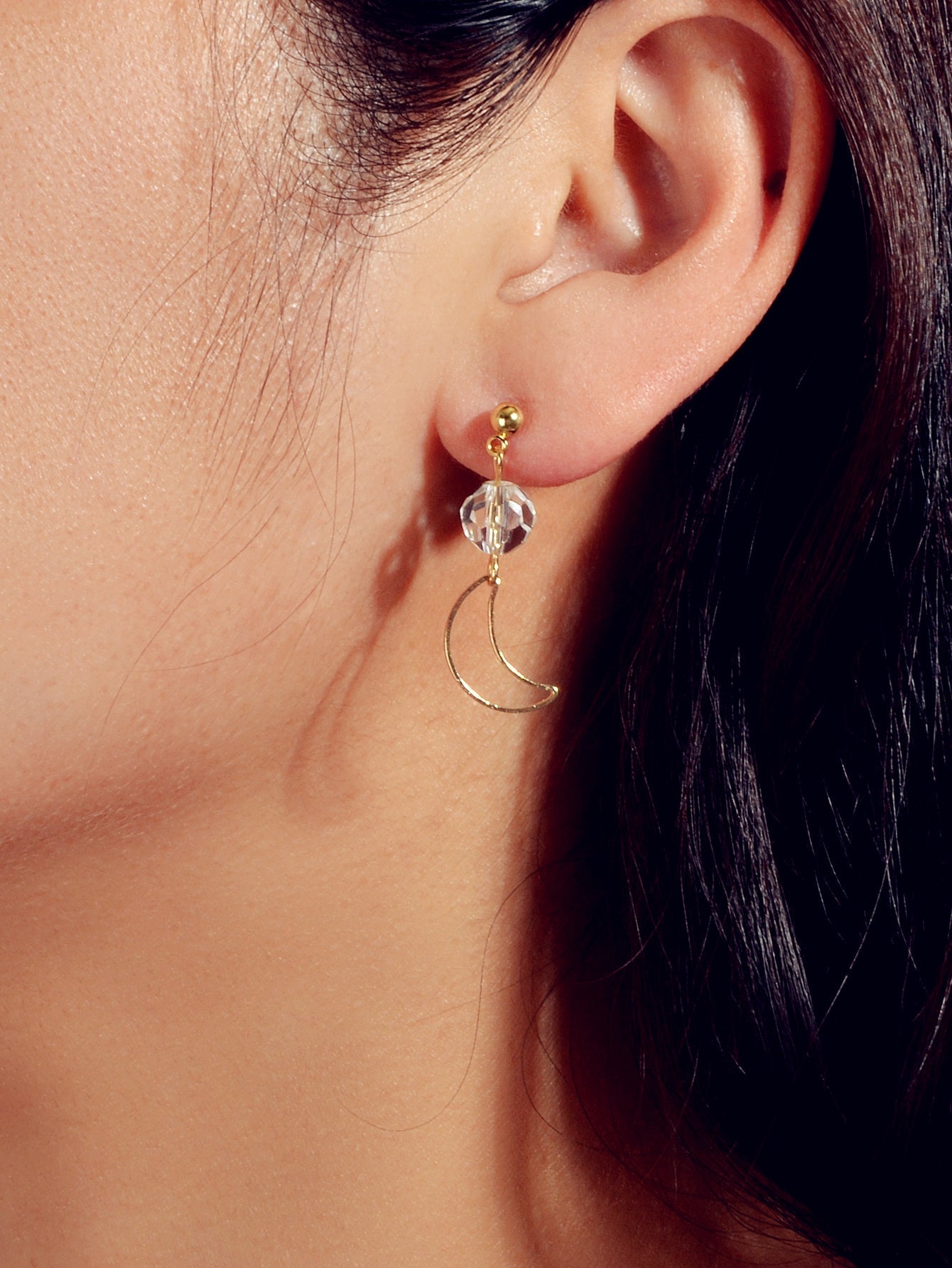 Minimalist Gold Metal Moon Star Transparent Beads Asymmetric Pierced Earrings Feelontop Jewellery
