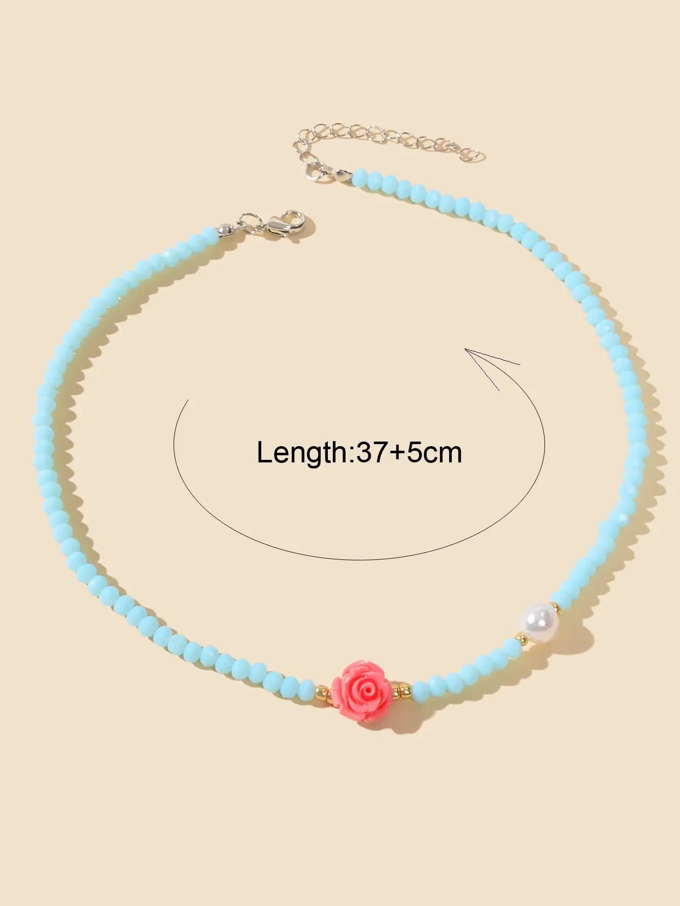 Pearl Red Resin Flower Decoration Blue Beads Short Collar Clavicle Necklace Gift Feelontop Jewellery