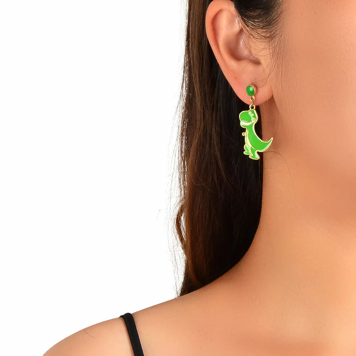 Asymmetrical Cartoon Design Green Beads Enamel Dinosaur Dangle Animal Earrings Feelontop Jewellery