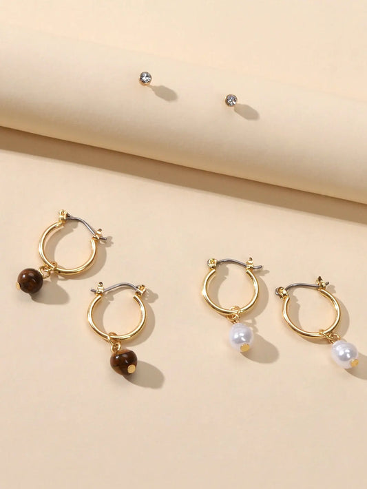 3 pairs Ear Jewellery Pearl Beads Charm Hoop Earrings set Rhinestone Studs Gift Feelontop Jewellery
