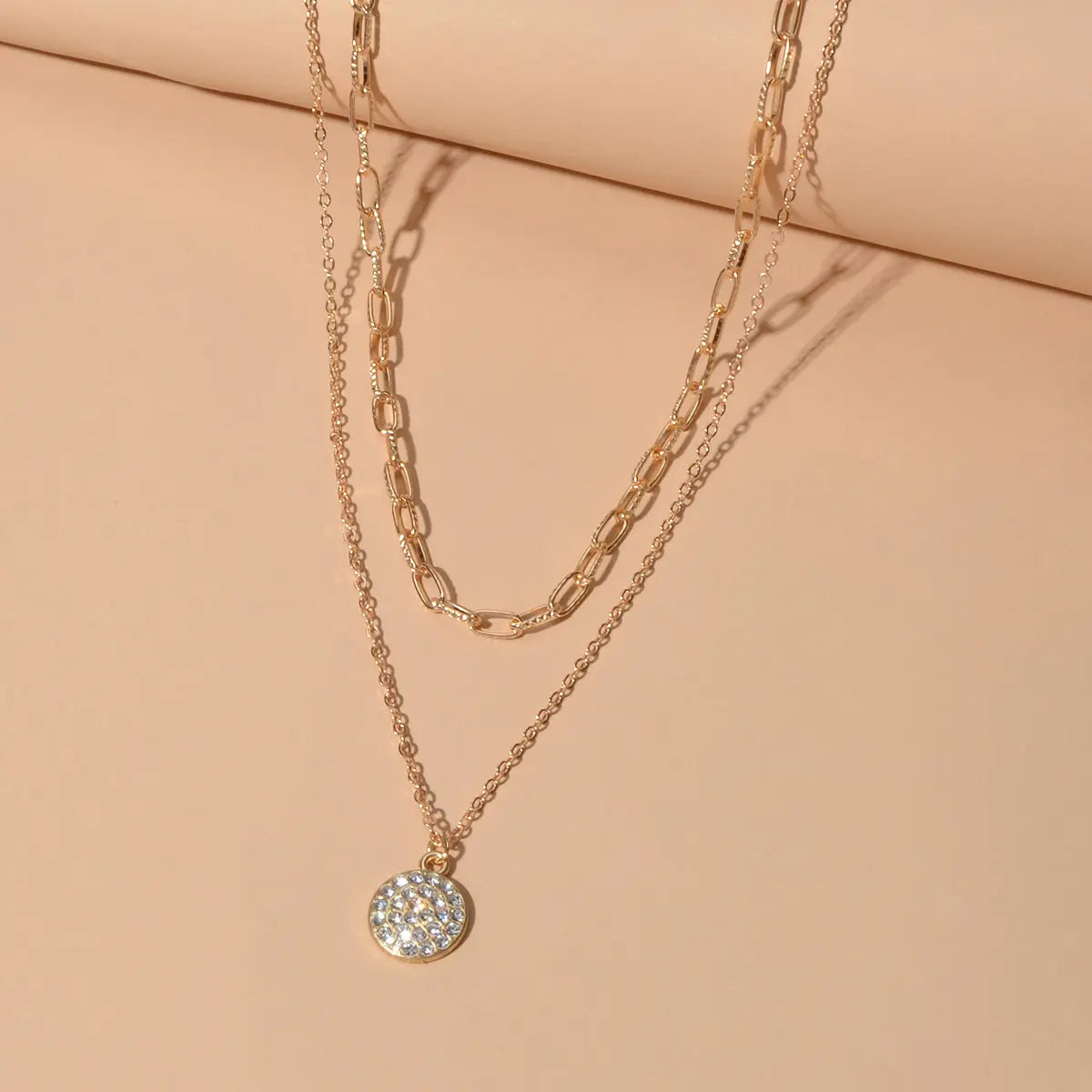 Female Jewellery Double layer Paperclip Gold Silver Chain Round Pendant Necklace Feelontop Jewellery