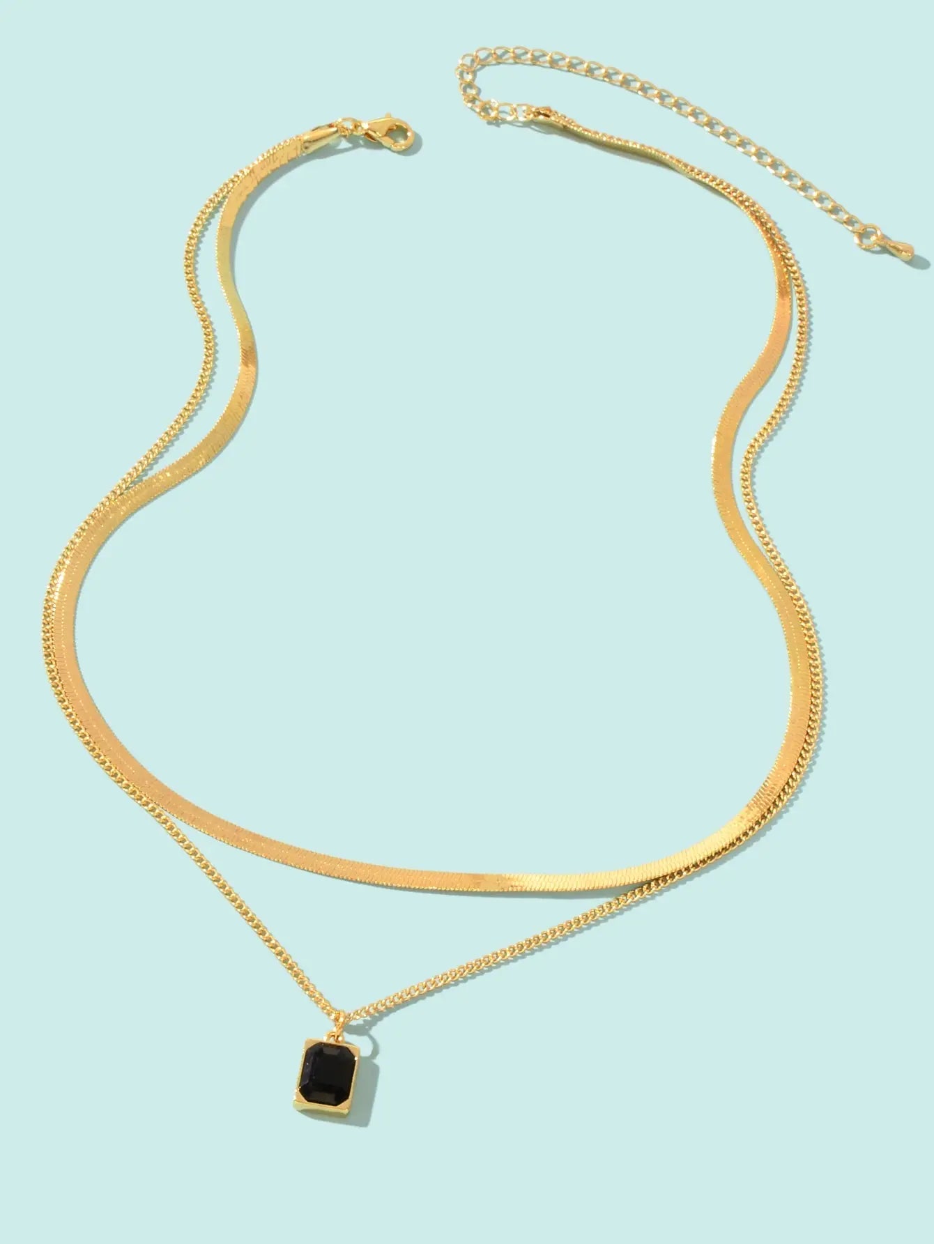 Double layer Gold Multiple Link Snake Chain Black Square Pendant Trendy Necklace Feelontop Jewellery
