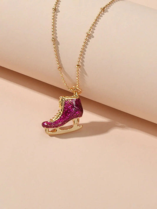 Funny Gift for Women Gold Popcorn Chain Hotpink Ice Skate Shoes Pendant Necklace-1