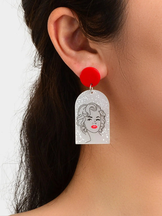 White Red Acrylic Geometric Portrait Pattern Lightweight Earrings Party Jewelry Feelontop Jewellery