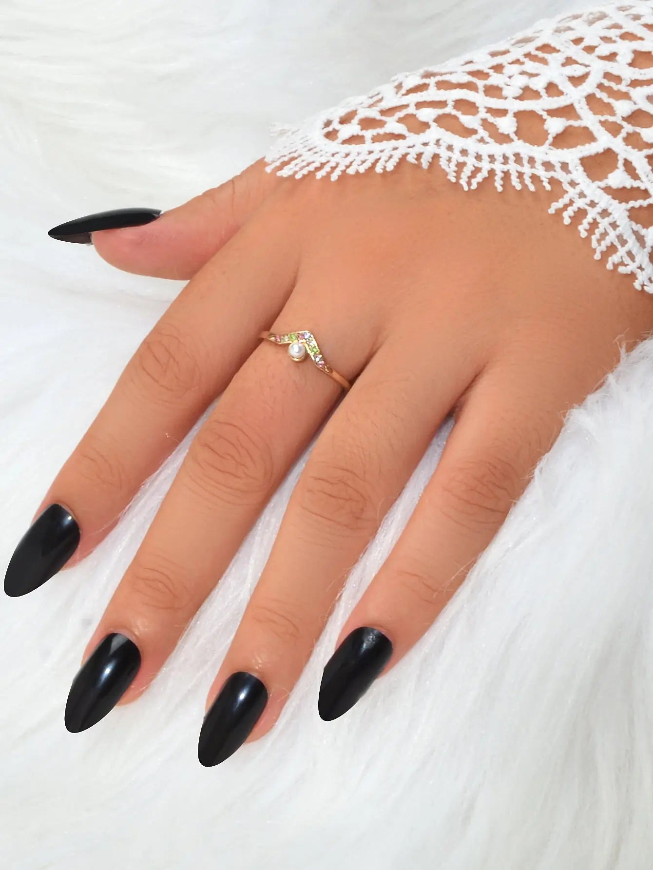 Luxury Wedding Jewellery Multi-colored Rhinestone Pearl V Shape Gold Finger Ring Feelontop Jewellery