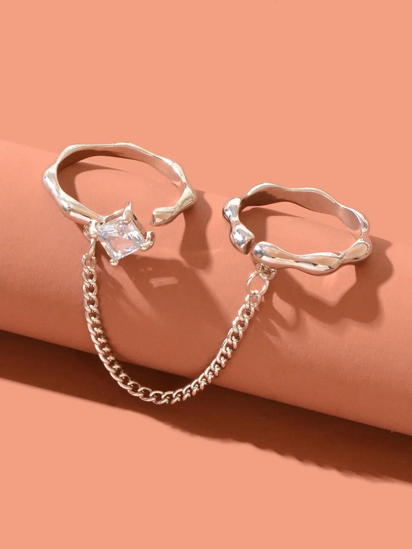 Unique Zirconia Decor Silver Double Fingers Ring with Chain Elegant Accessories Feelontop Jewellery