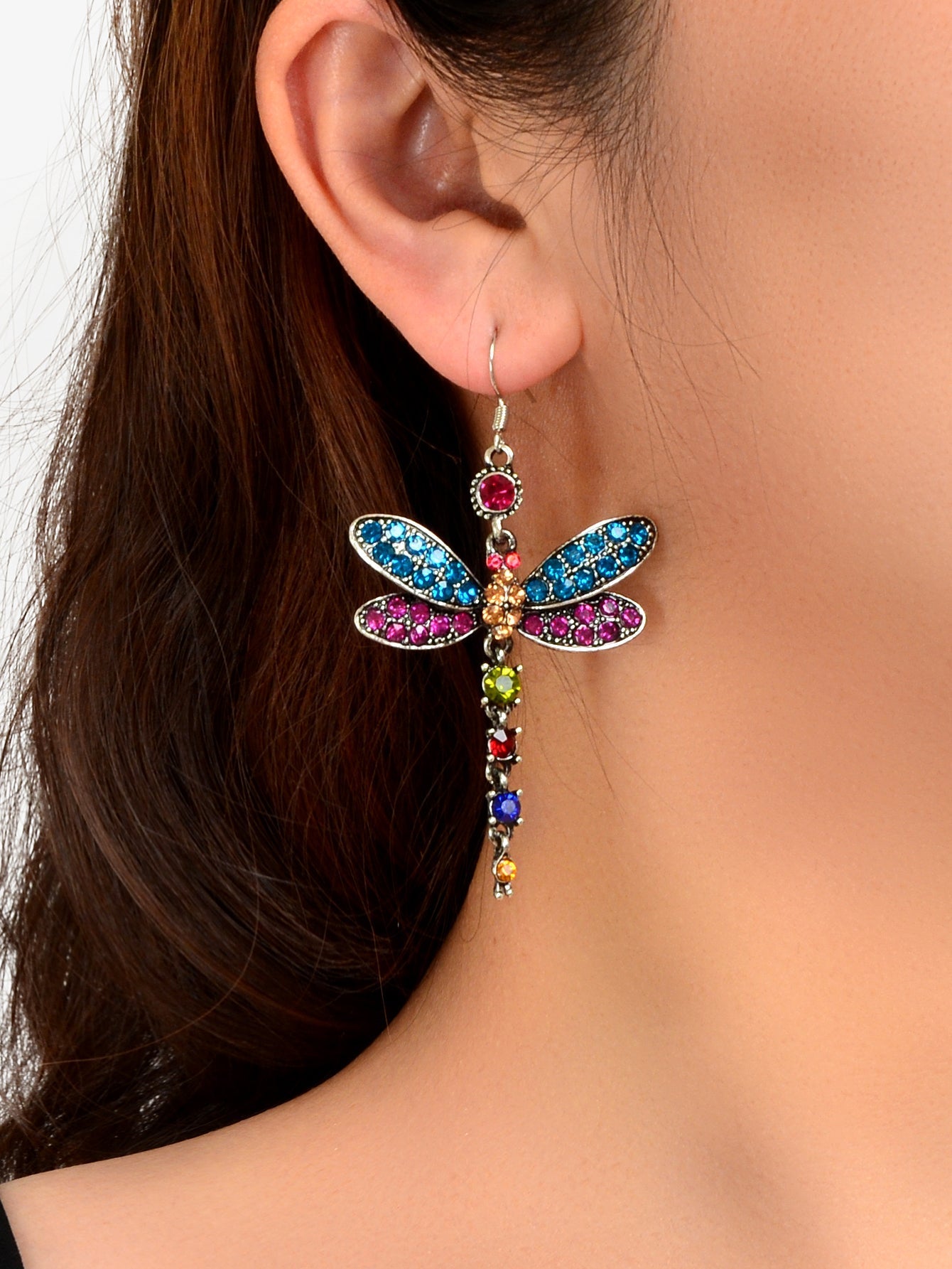 Luxury Jewellery Colorful Rhinestone Dragonfly Long Pendant Dangle Gift Earrings Feelontop Jewellery