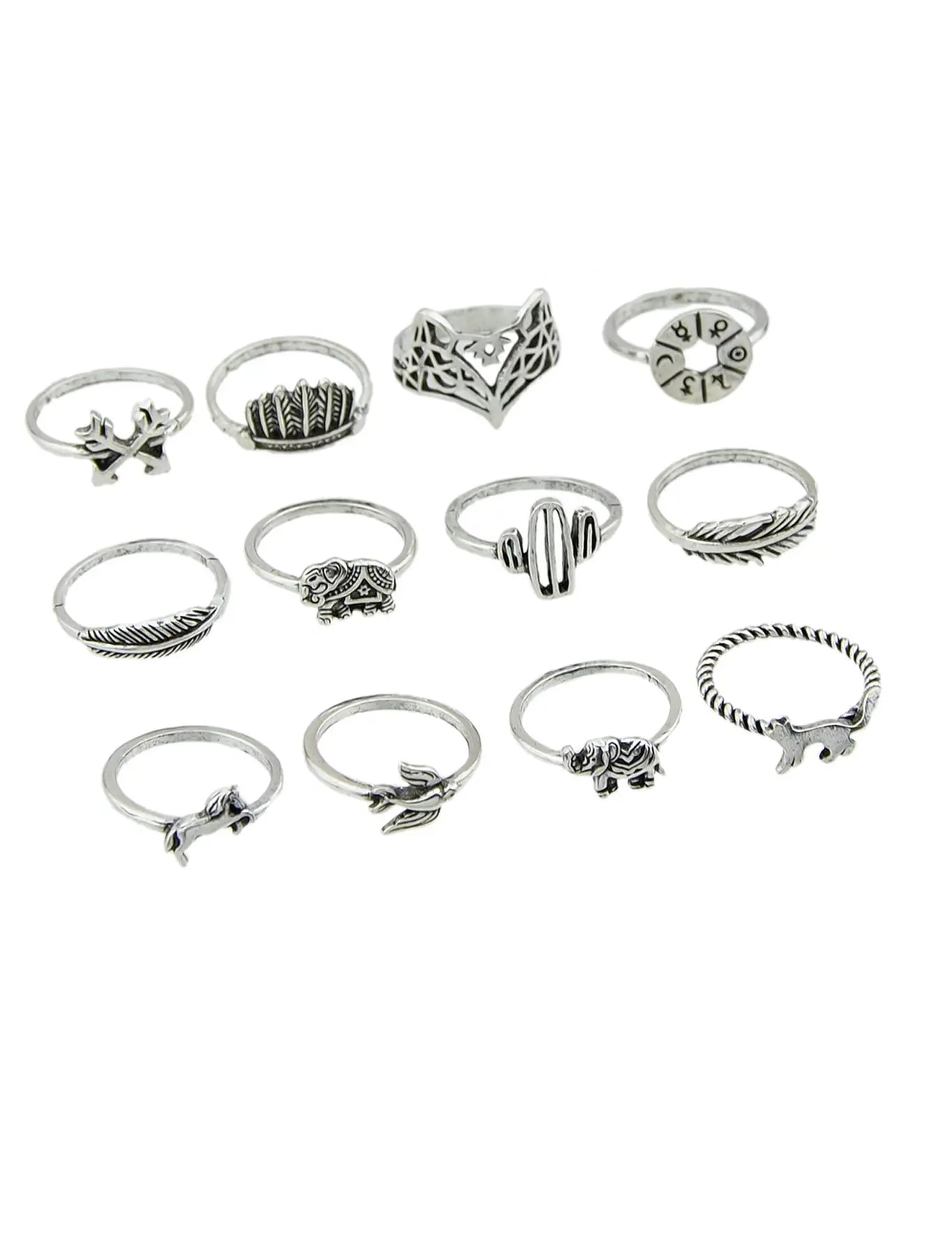 12 pcs Antique Silver Fox Bird Elephant Stackable Multiple Ring Set Jewellery Feelontop Jewellery