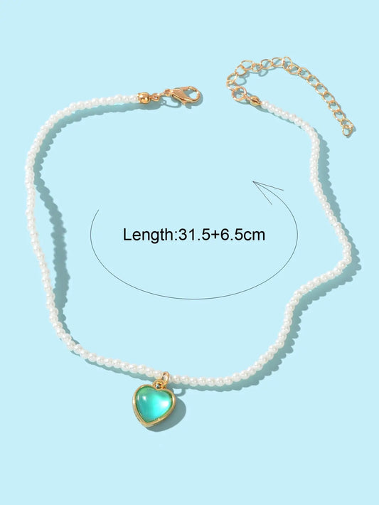 Anniversary Wedding Jewelry Pearl Beaded Chain Green Heart Charm Collar Necklace Feelontop Jewellery