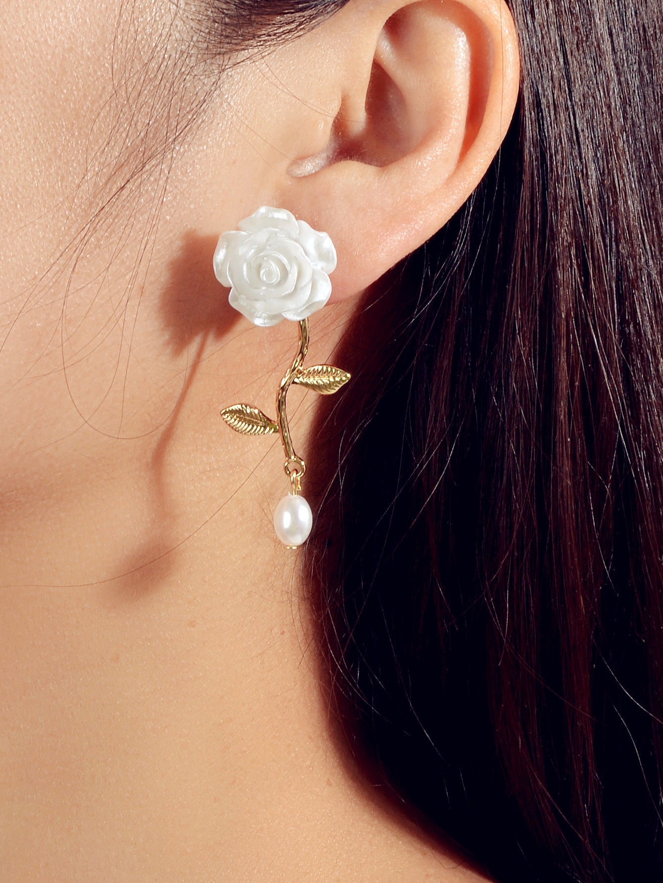 Elegant Resin Flower Leaf Pearl Charm Dangling Classic Stunning Bridal Earrings Feelontop Jewellery