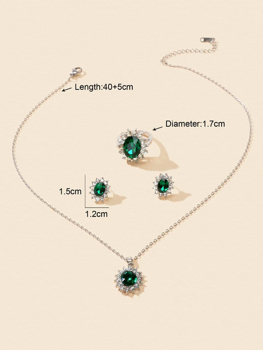 Crystal Flower Necklace Stud Earrings Finger Ring Luxury Wedding Jewellery Set Feelontop Jewellery