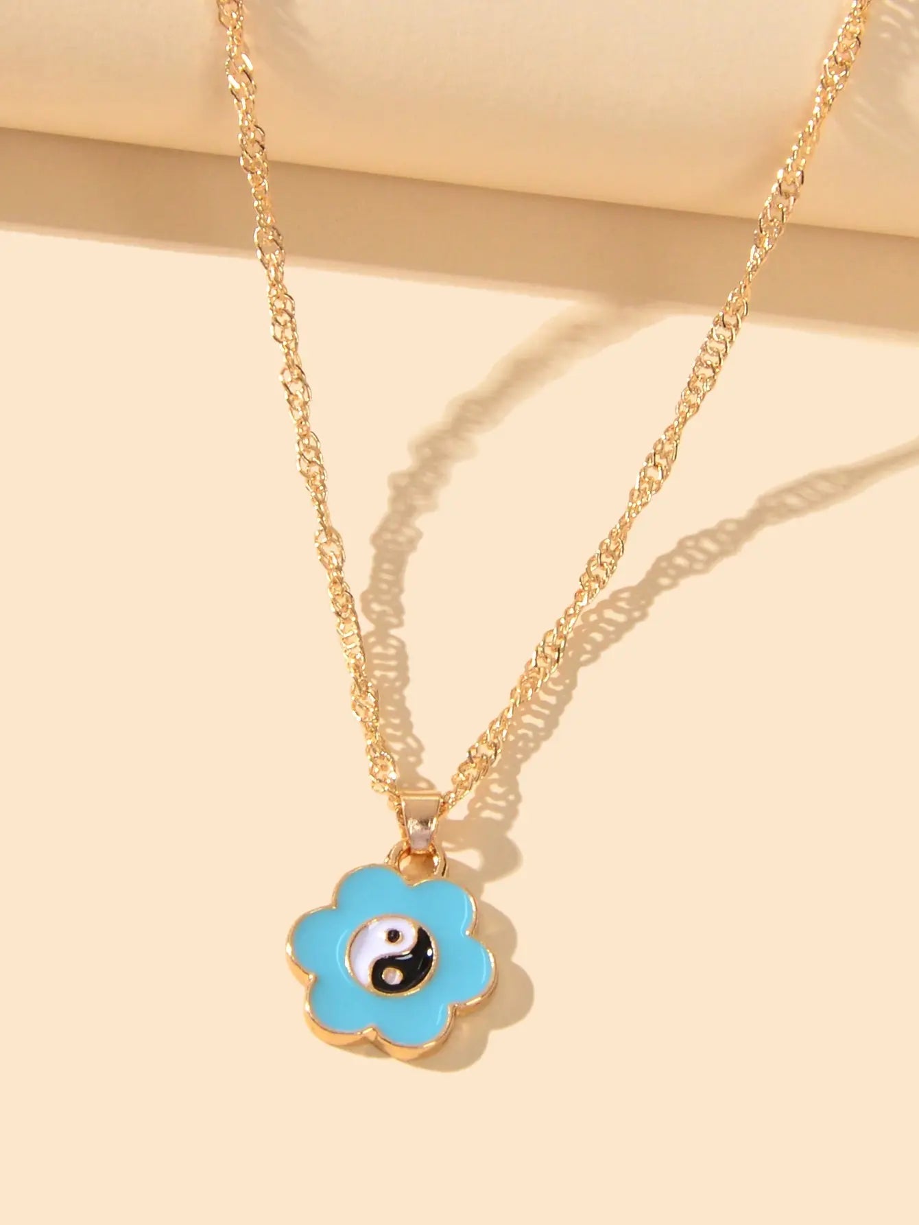 Dainty Gold Chain Yin Yang Tai Chi Blue Flower Charm Best Friends Necklace Gift Feelontop Jewellery