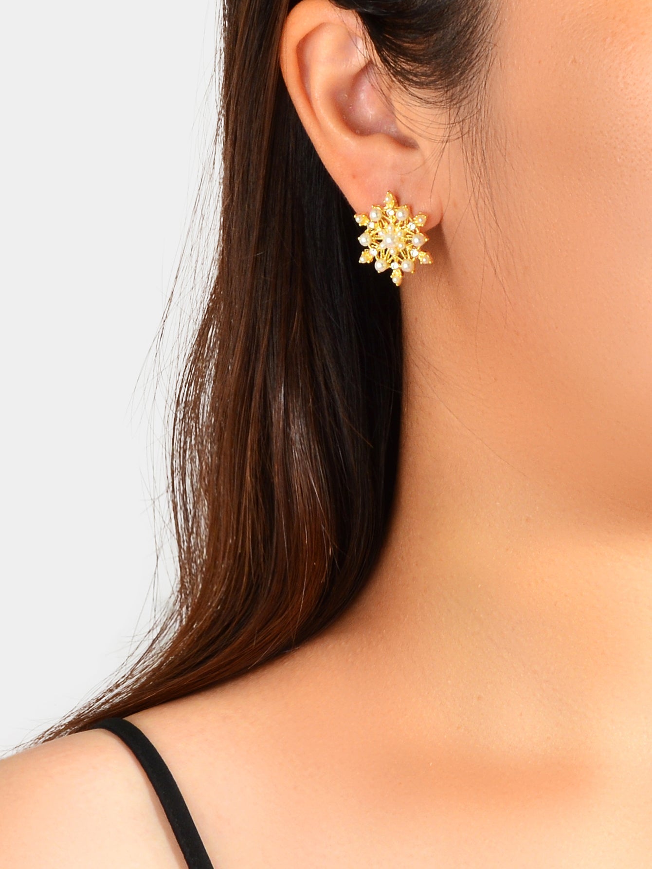 Pearl Rhinestone Gold Snowflake Stud Earrings Women Christmas Party Decoration Feelontop Jewellery