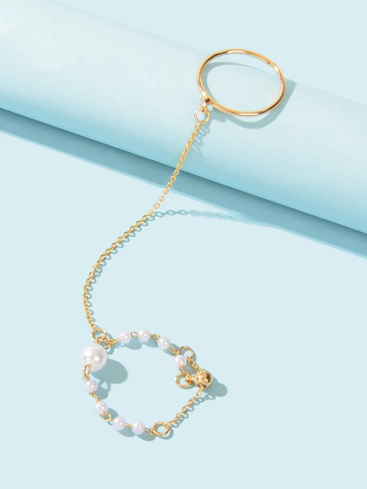 Pearl Punk Stackable Knuckle Chain Tassel Double Finger Midi Rings Feelontop Jewellery