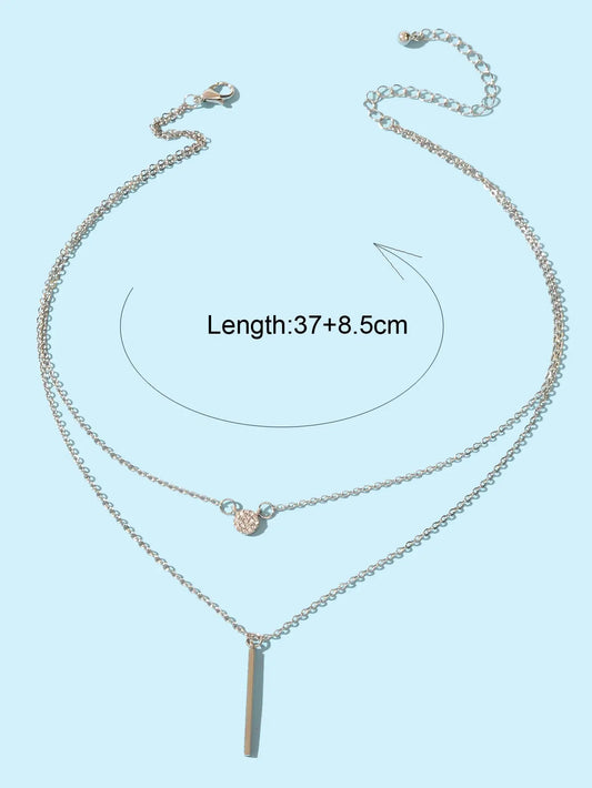 Female Jewellery Rhinestone Double layer Silver Chain Round Bar Pendant Necklace Feelontop Jewellery