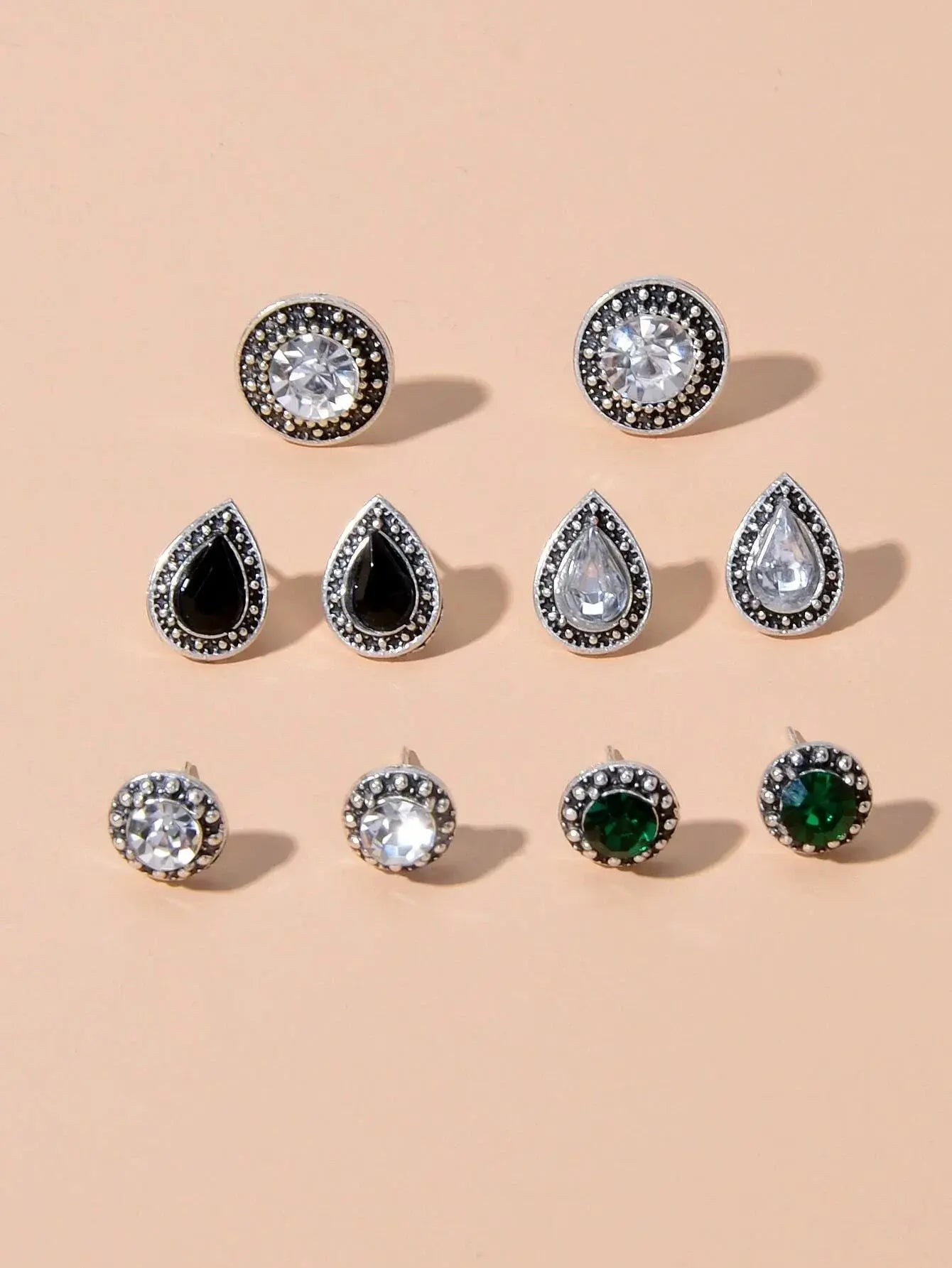5 pairs Vintage Jewellery Shining Rhinestone Round Water Drop Stud Earrings Set Feelontop Jewellery
