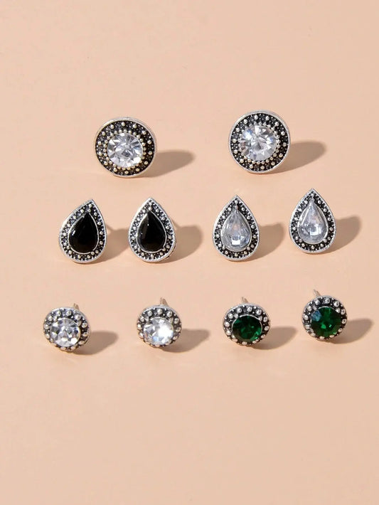5 pairs Vintage Jewellery Shining Rhinestone Round Water Drop Stud Earrings Set Feelontop Jewellery