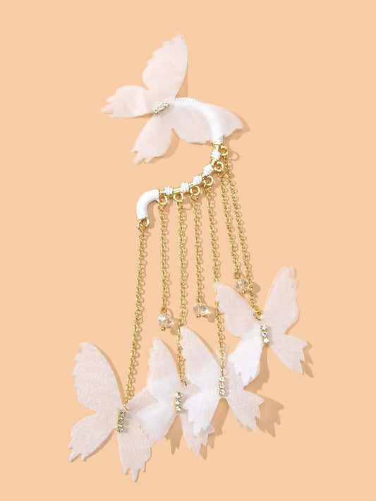 1pc Gold Tassel Chain White Handmade Butterfly Dangle Earring Ear Cuff Climber Feelontop Jewellery
