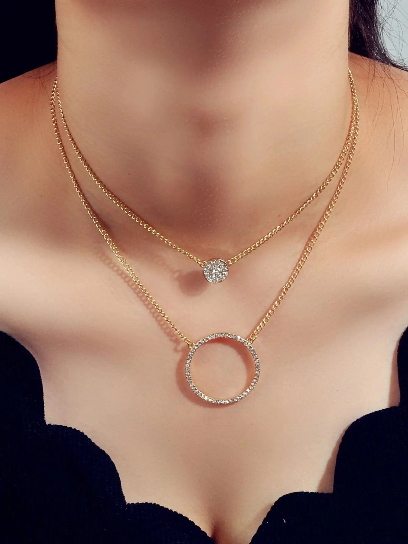 2 pcs Gold Silver Chain Rhinestone Round Circle Pendant Necklace Jewellery Gift Feelontop Jewellery