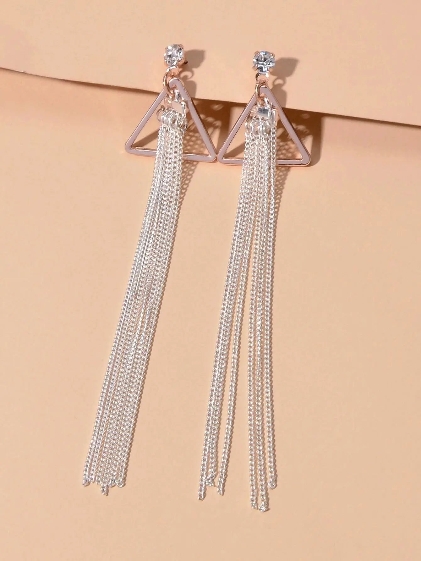 Rhinestone Triangle Silver Tassel Long Chain Drop Dangle Party Stud Earrings Feelontop Jewellery