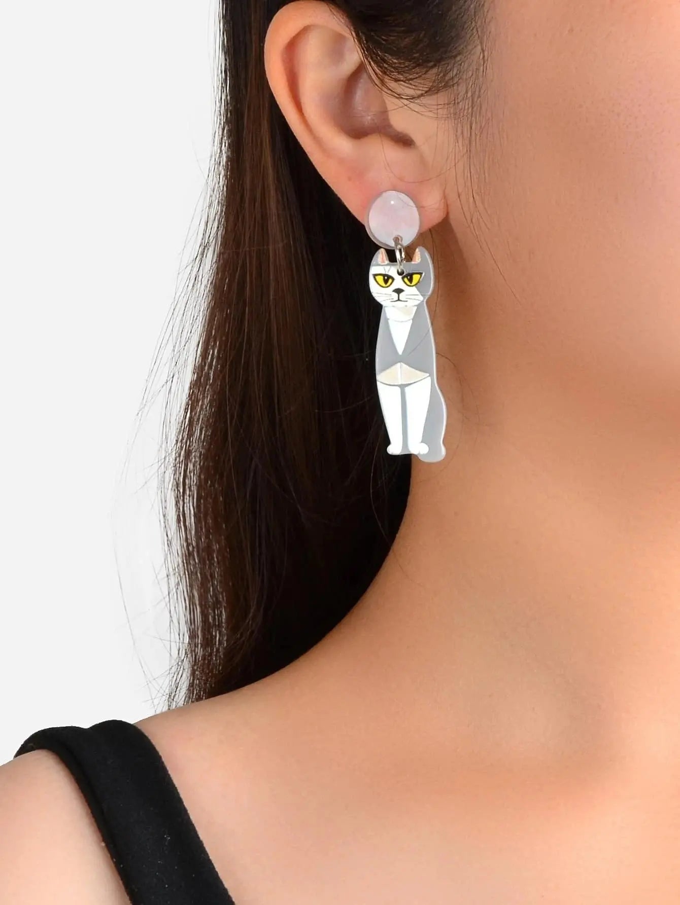 Cartoon Design Gray Resin Acrylic Cat Big Earrings Personality Women Accessories Feelontop Jewellery