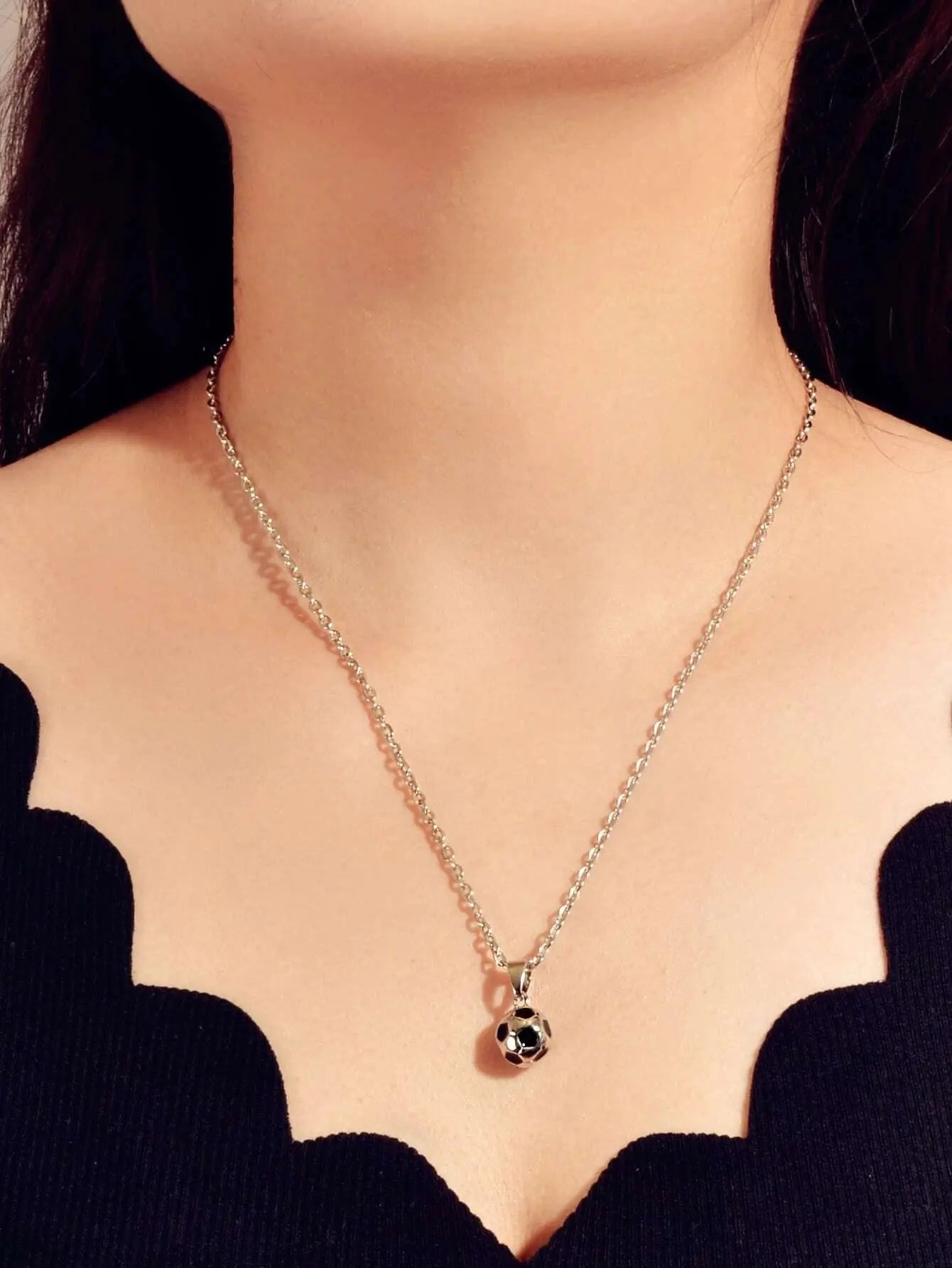 Silver Chain Black Enamel Football Pendant Necklace Soccer Ball Charm Collar Feelontop Jewellery