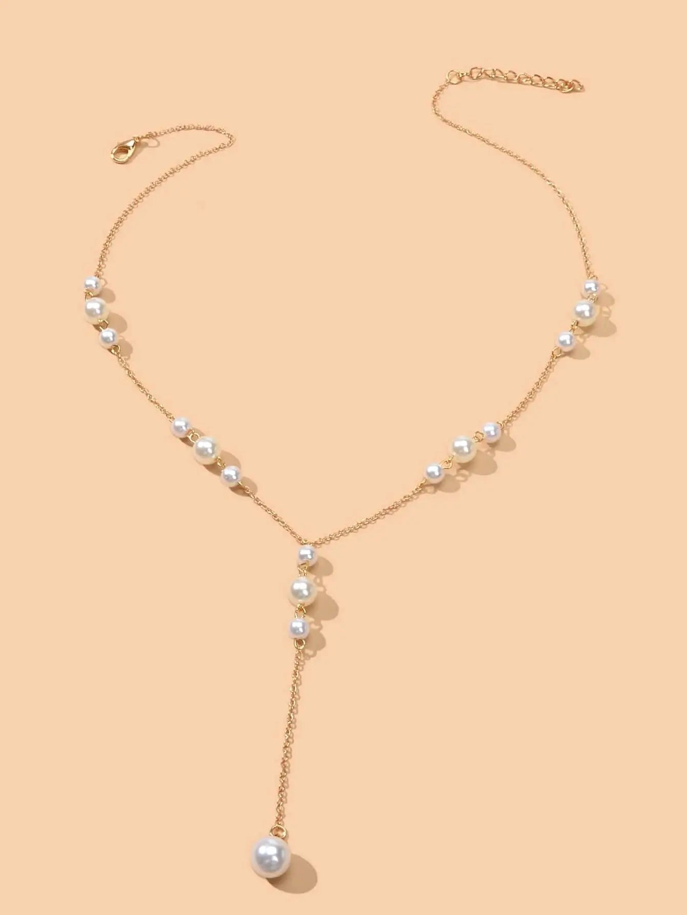 Pearl Decoration Long Gold Chain Y Shape Pendant Clavicle Necklace Teens Collar Feelontop Jewellery