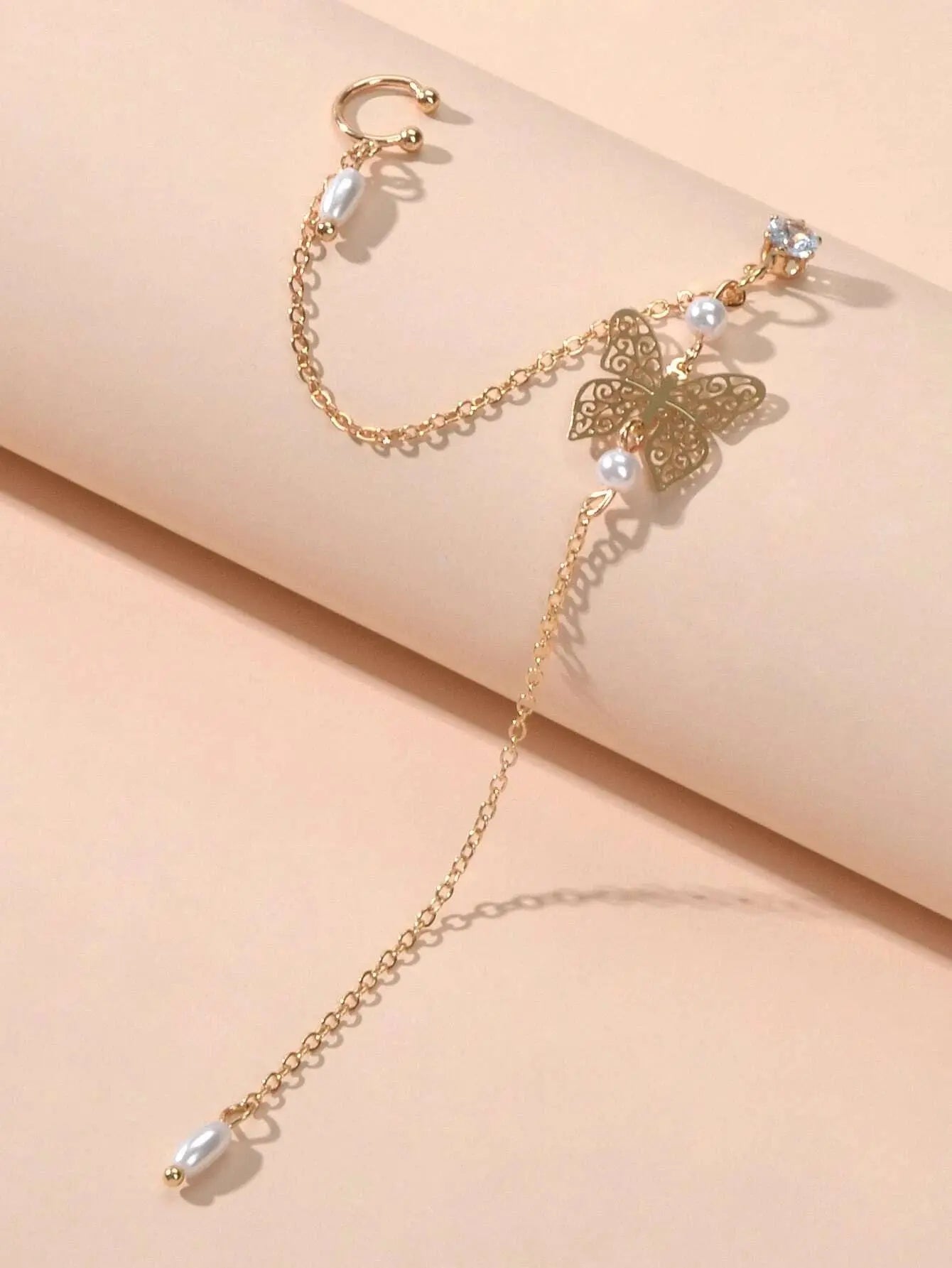 1pc Crystal Pearl Butterfly Long Chain Cartilage Stud Earring Stunning Ear Cuff Feelontop Jewellery
