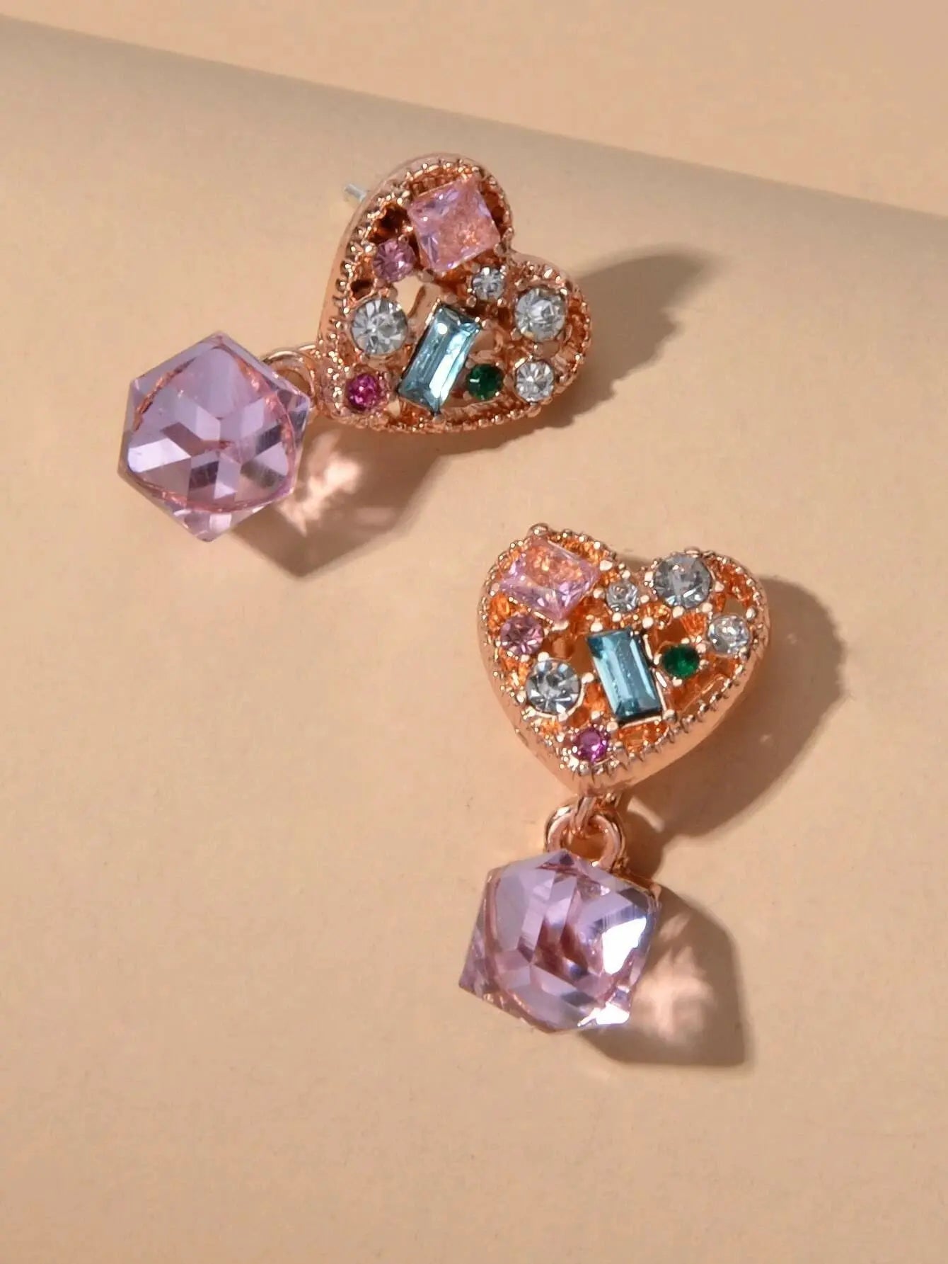 Sweet Textured Shining Crystal Decor Pink Heart Drop Earrings Women Girls Gifts Feelontop Jewellery