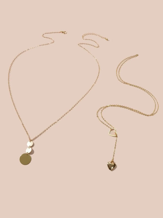 2 pcs Gold Chain Round Disc Love Heart Pendant Necklace Double Collar Women Gift Feelontop Jewellery