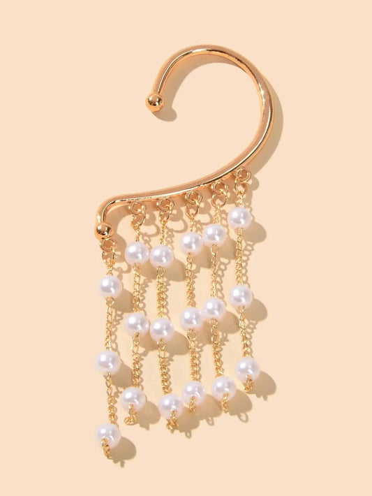 1 pc Pearl Decoration Long Gold Chain Tassel Ear Cuff Dangle Statement Earrings Feelontop Jewellery