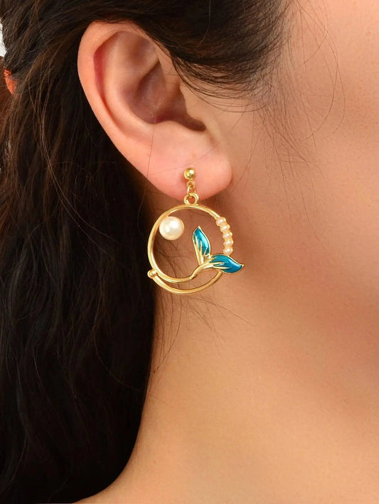 Exquisite Women Accessories Pearl Decor Mermaid Tail Asymmetric Holiday Earrings Feelontop Jewellery