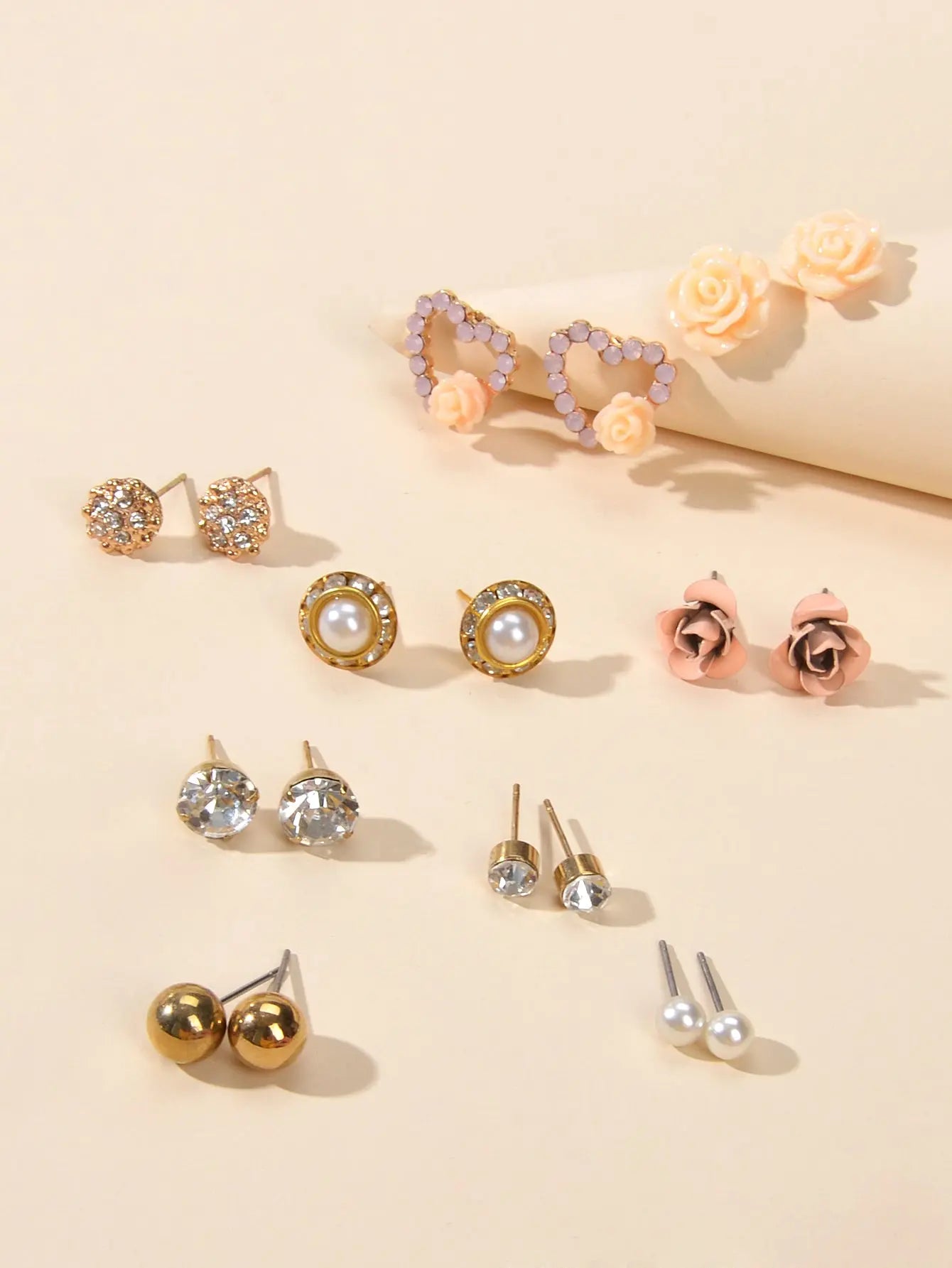 9 pairs Elegant Pearl Rhinestone Round Flower Mini Stud Piercing Earrings set Feelontop Jewellery
