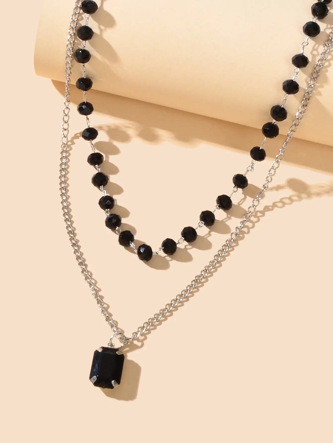 Silver Link Chain Black Beads Layering Personalized Square Charm Necklace Gift Feelontop Jewellery