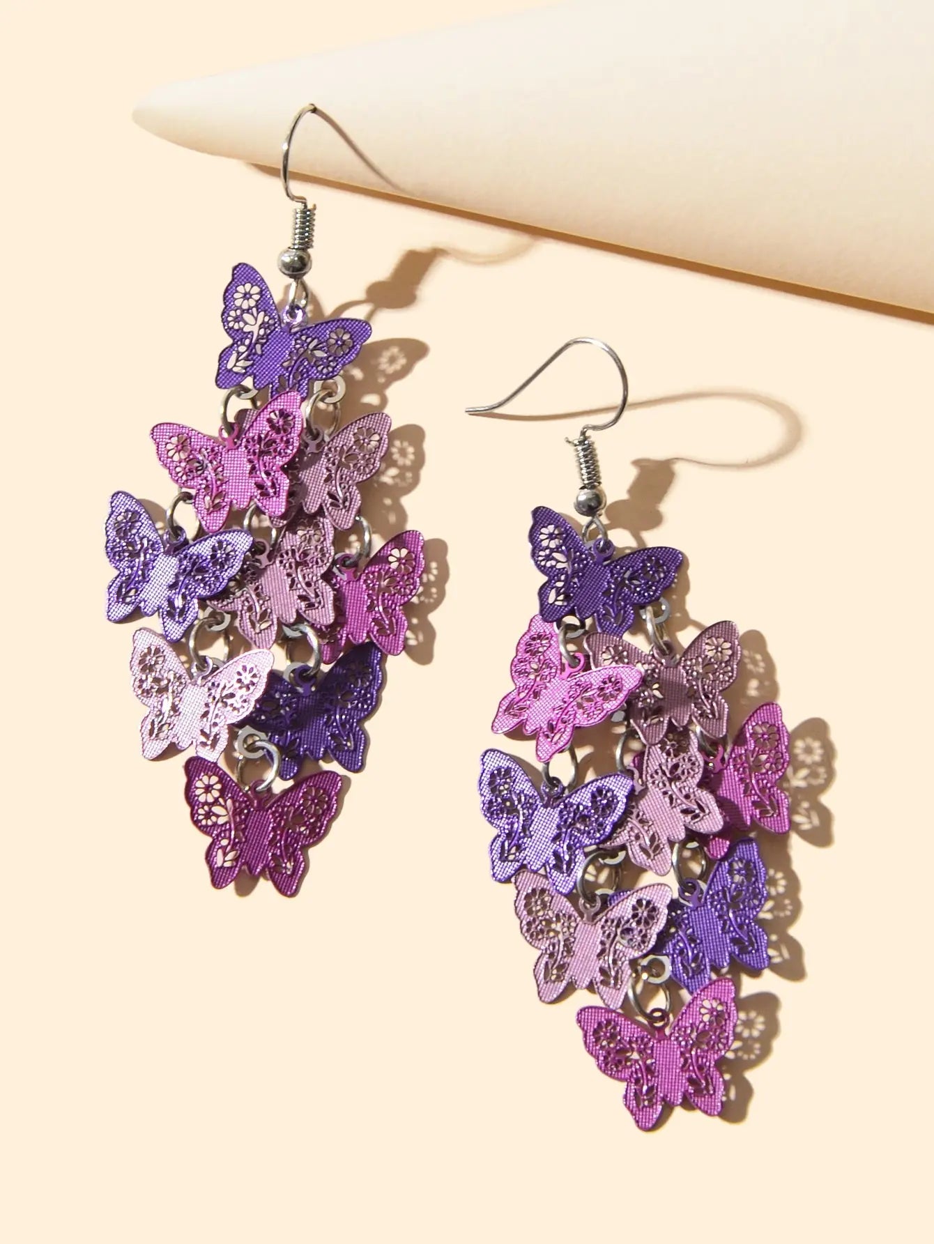 Women's Fashion Hot Pink Purple Hollow Multi-level Butterfly Chandelier Earrings Feelontop Jewellery