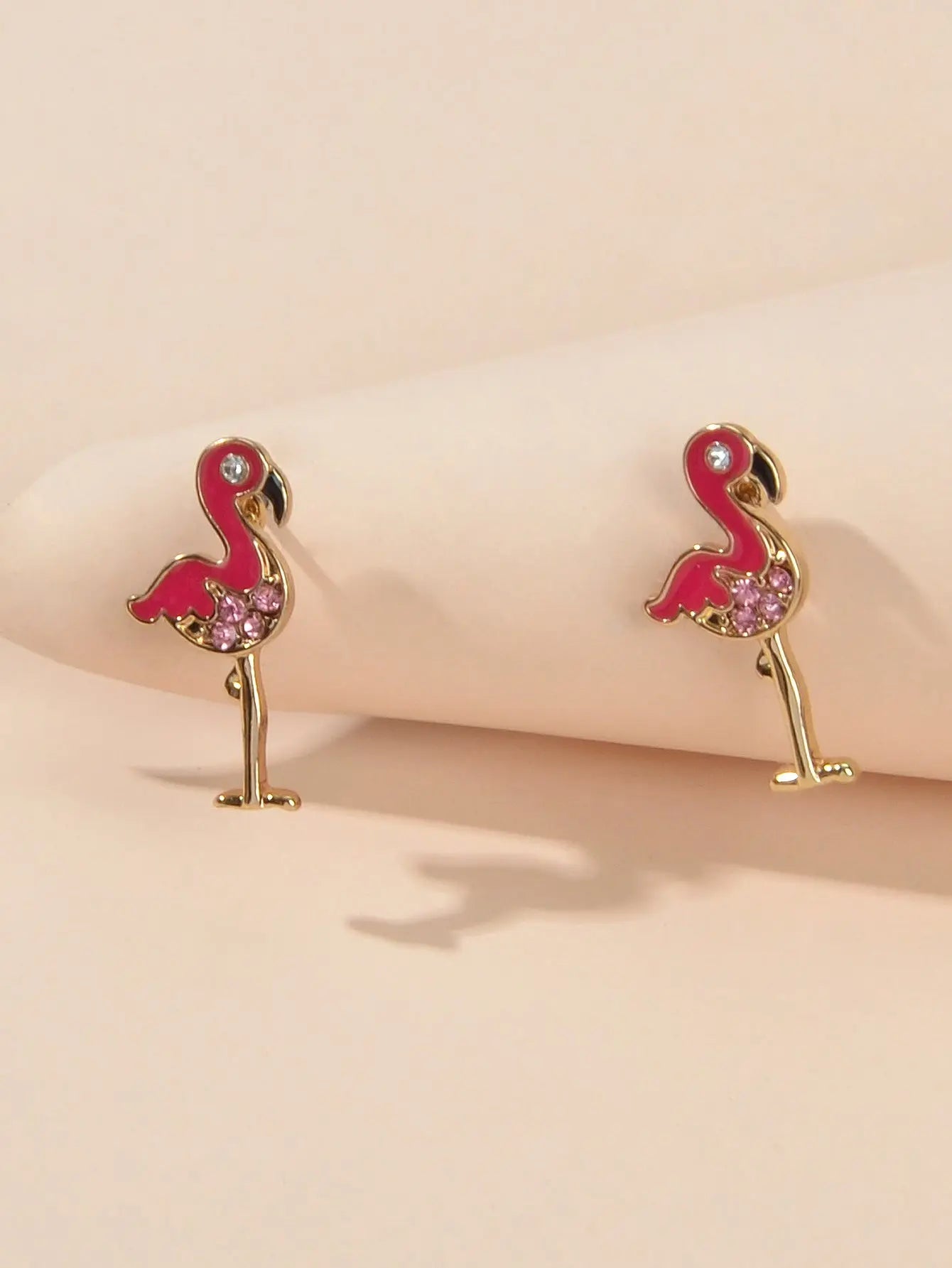 Pink Rhinestone Enamel Flamingo Bird Stud Earrings Sensitive Ears Dainty Gift Feelontop Jewellery