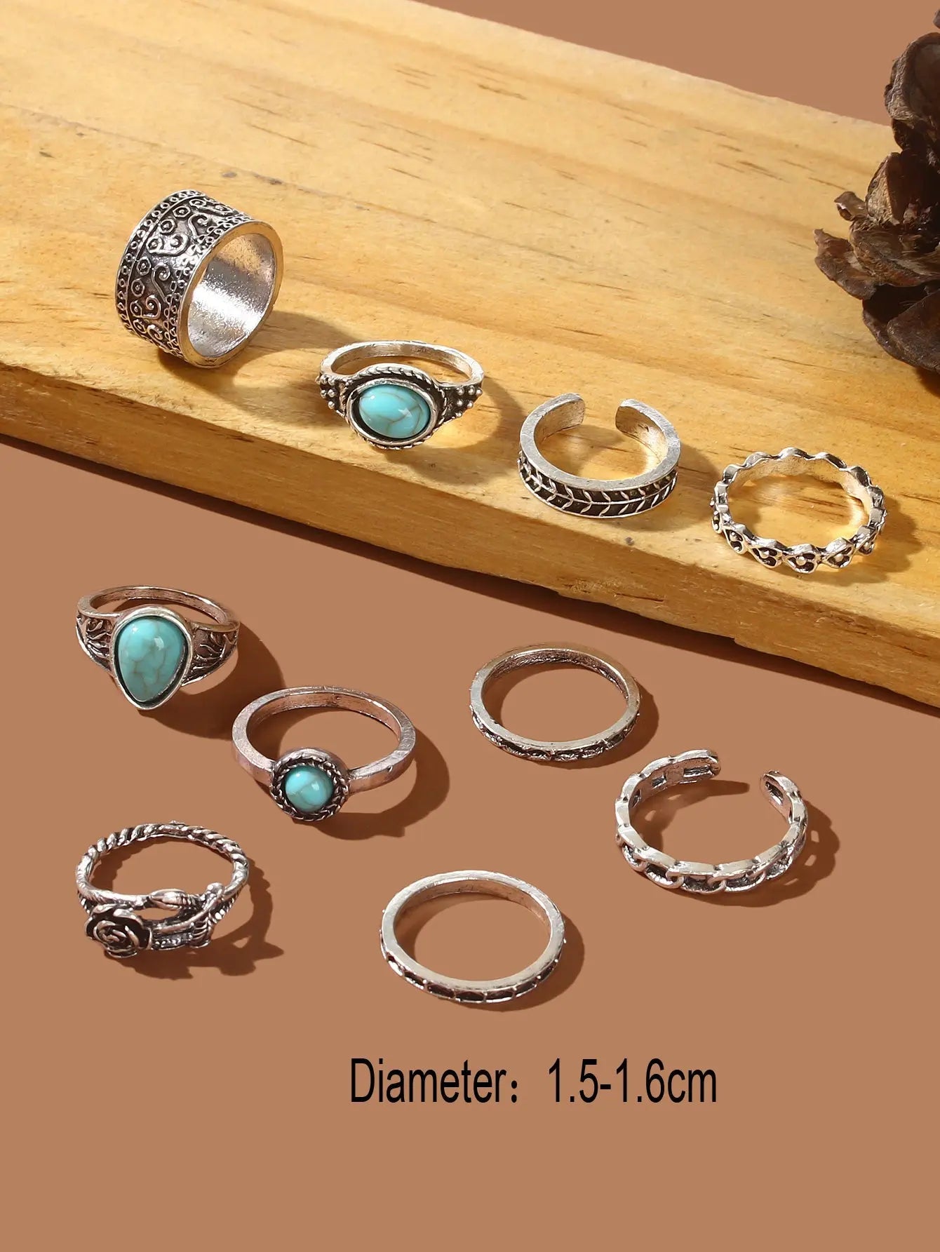 10 pcs Bohemian Antique Silver Turquoise Carved Flower Multiple Midi Rings Set Feelontop Jewellery