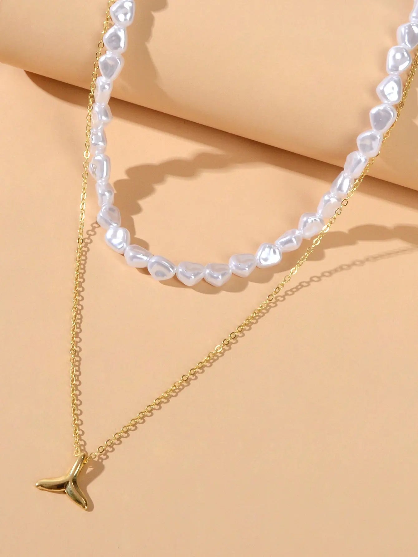 Textured Accessories Double layer Chain Pearl Choker Fish Tail Pendant Necklace Feelontop Jewellery