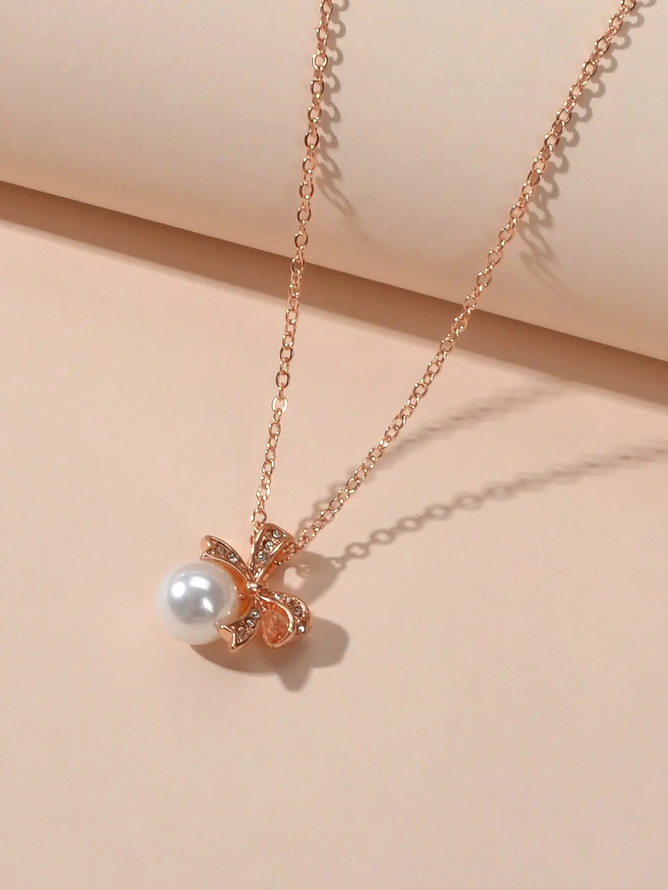 Anniversary Wedding Jewellery Rhinestone Rosegold Chain Pearl Bowknot Necklace Feelontop Jewellery