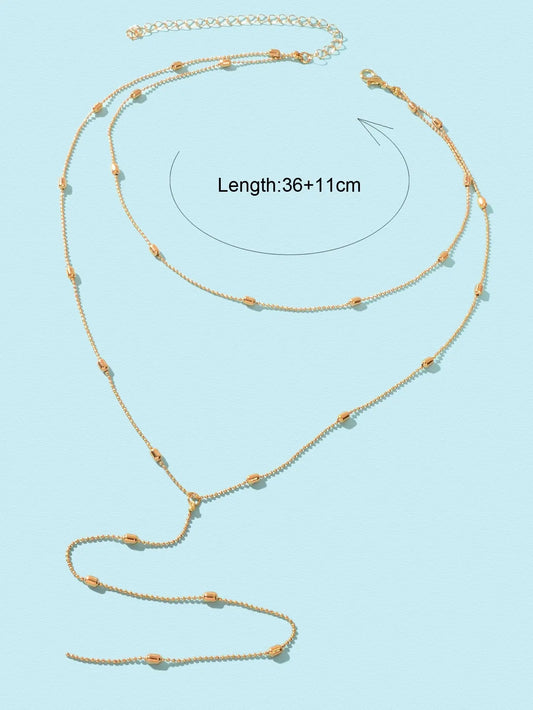 Double-Layered Beaded Wave Chain Tassel Necklace Elegant Statement Piece Feelontop Jewellery