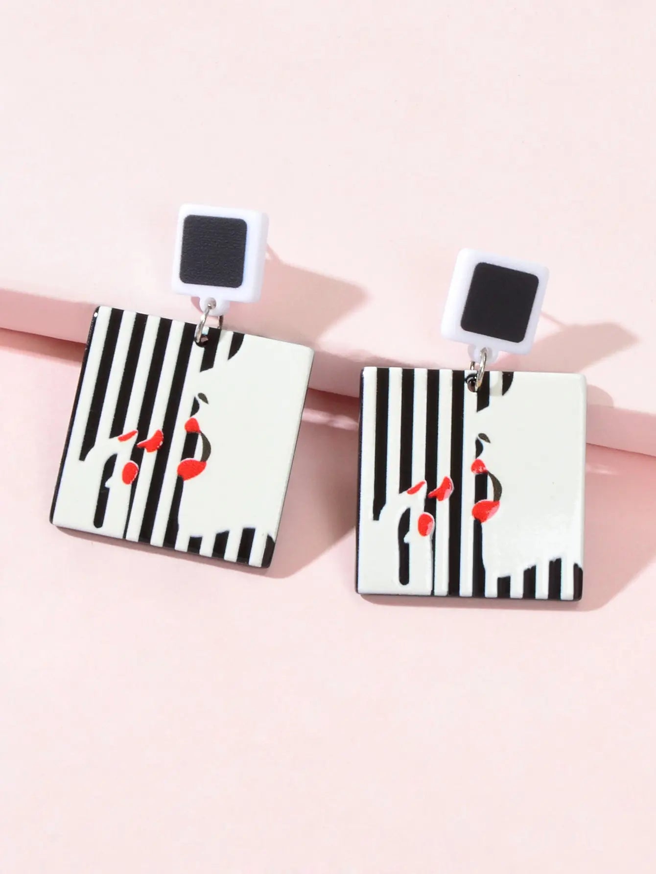 Women Red Lip Lipstick Pattern White Black Square Resin Dangle Pierced Earrings Feelontop Jewellery