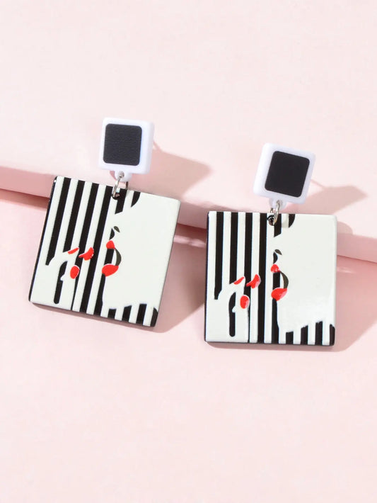 Women Red Lip Lipstick Pattern White Black Square Resin Dangle Pierced Earrings Feelontop Jewellery