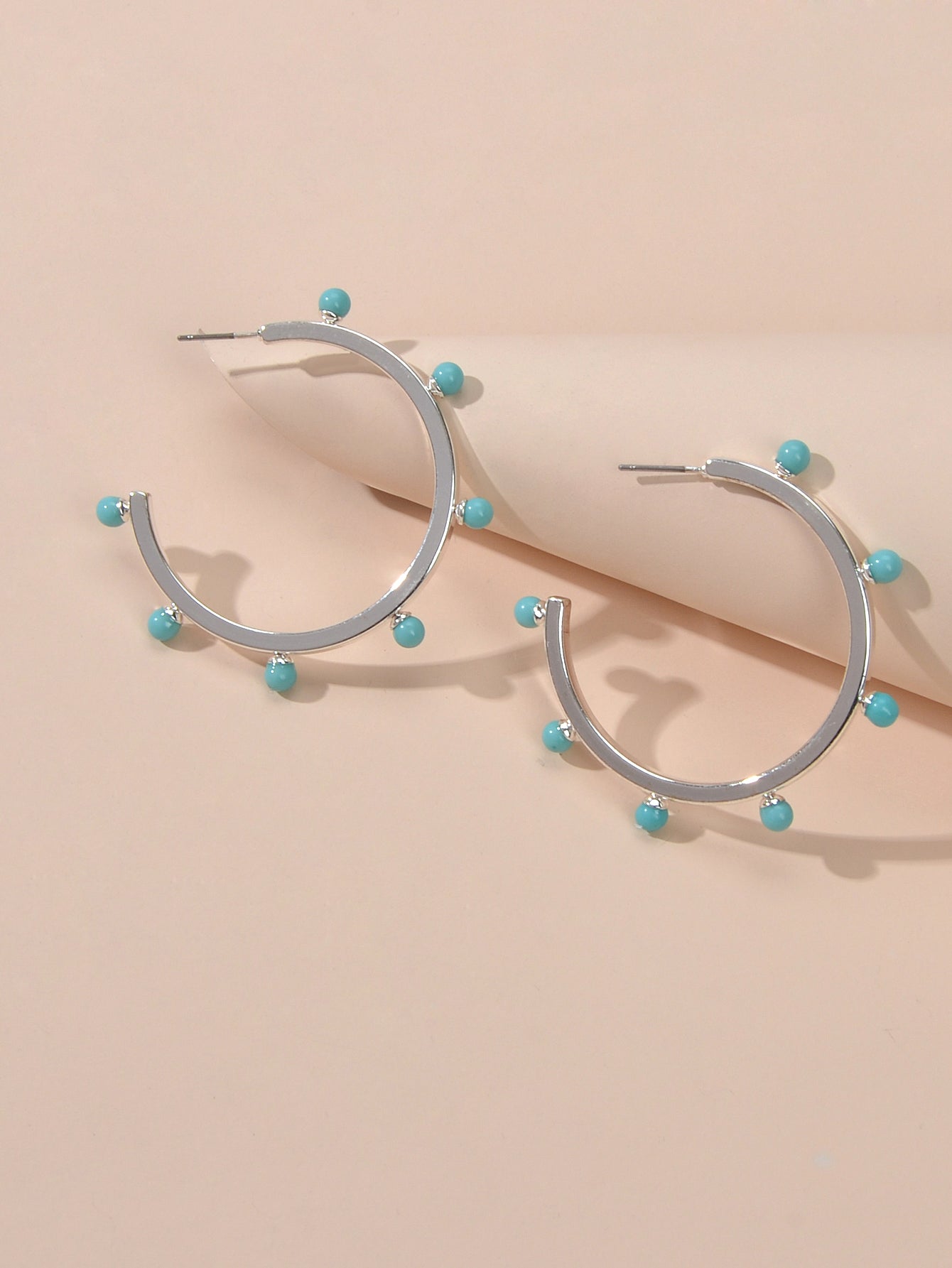 Designer Stylish Blue Hotpink Beads Silver Circle C Hoop Huggie Stud Earrings Feelontop Jewellery