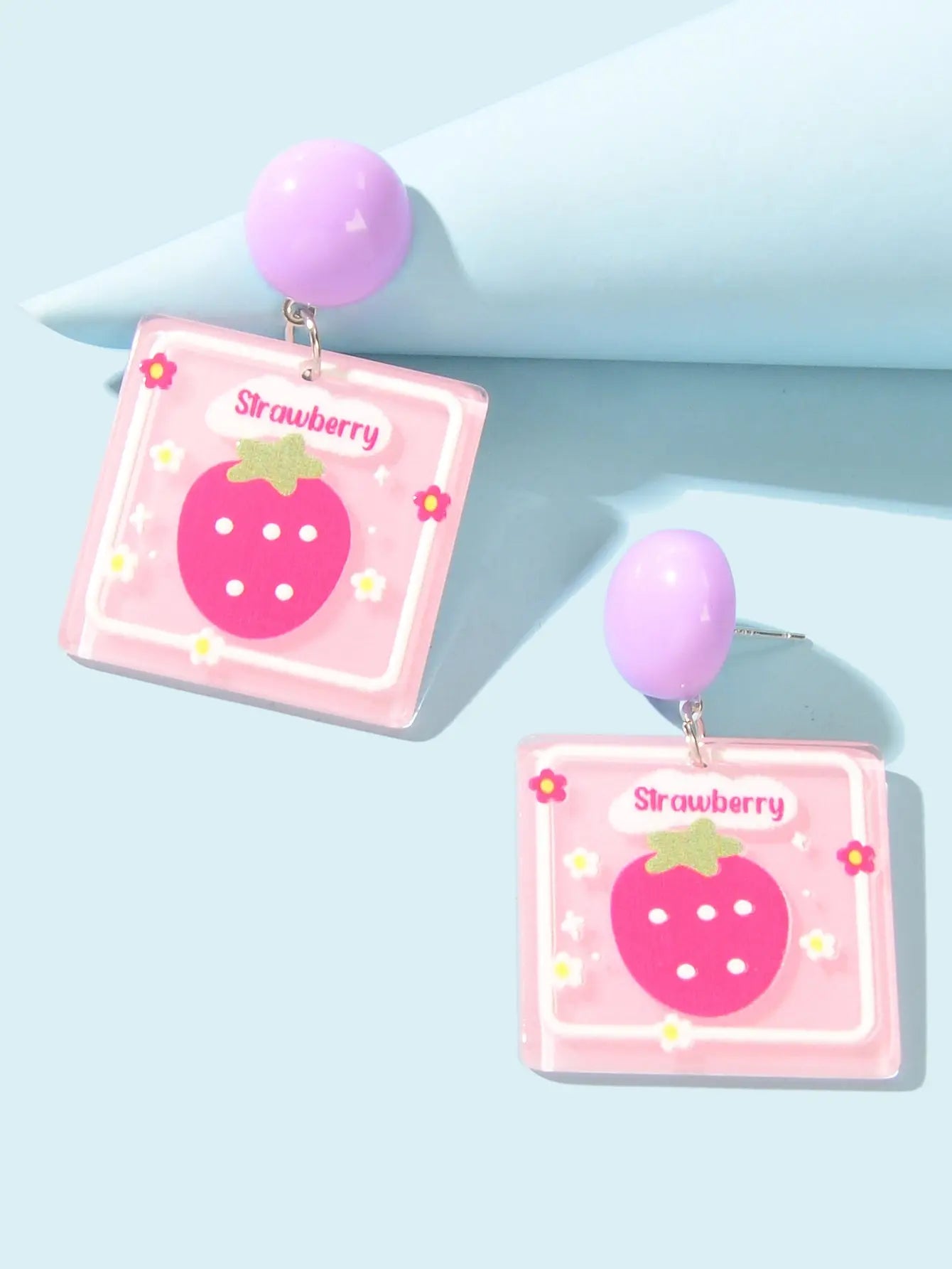 Sweet Acrylic Pink Strawberry Square Dangle Stud Earrings Y2k Style Accessories Feelontop Jewellery